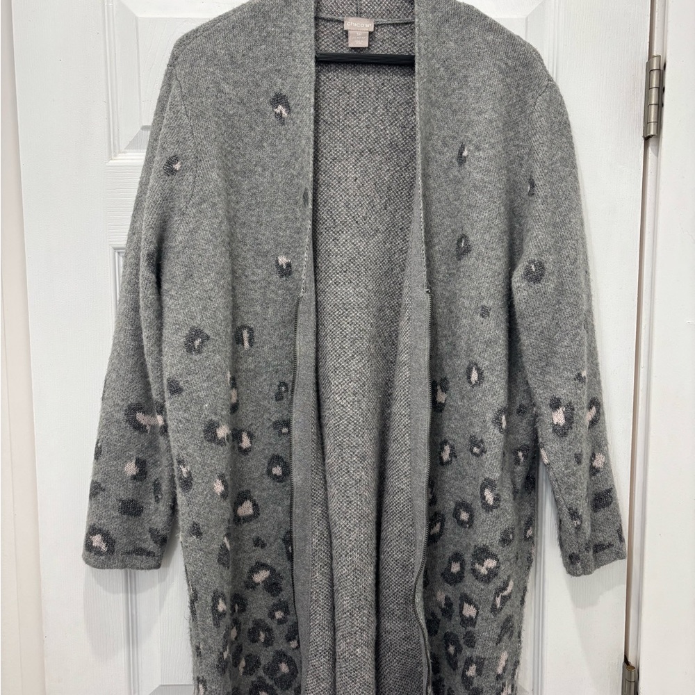 Chico’s Gray Leopard Print Zip Up Women's Sweater Size 3P XLP